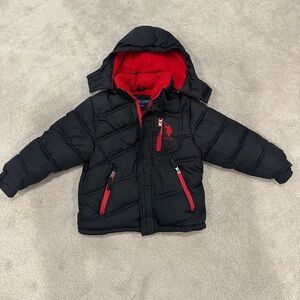 U.S. Polo Assn. Kids Black and Red Hooded Puffer Jacket Size 5/6